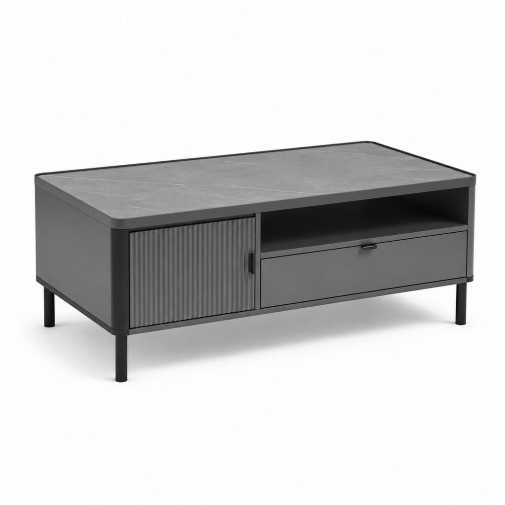 Tavolino da caffè grigio e nero in MDF e acciaio rettangolare con vano e cassetto 100 x 60 x 45 cm