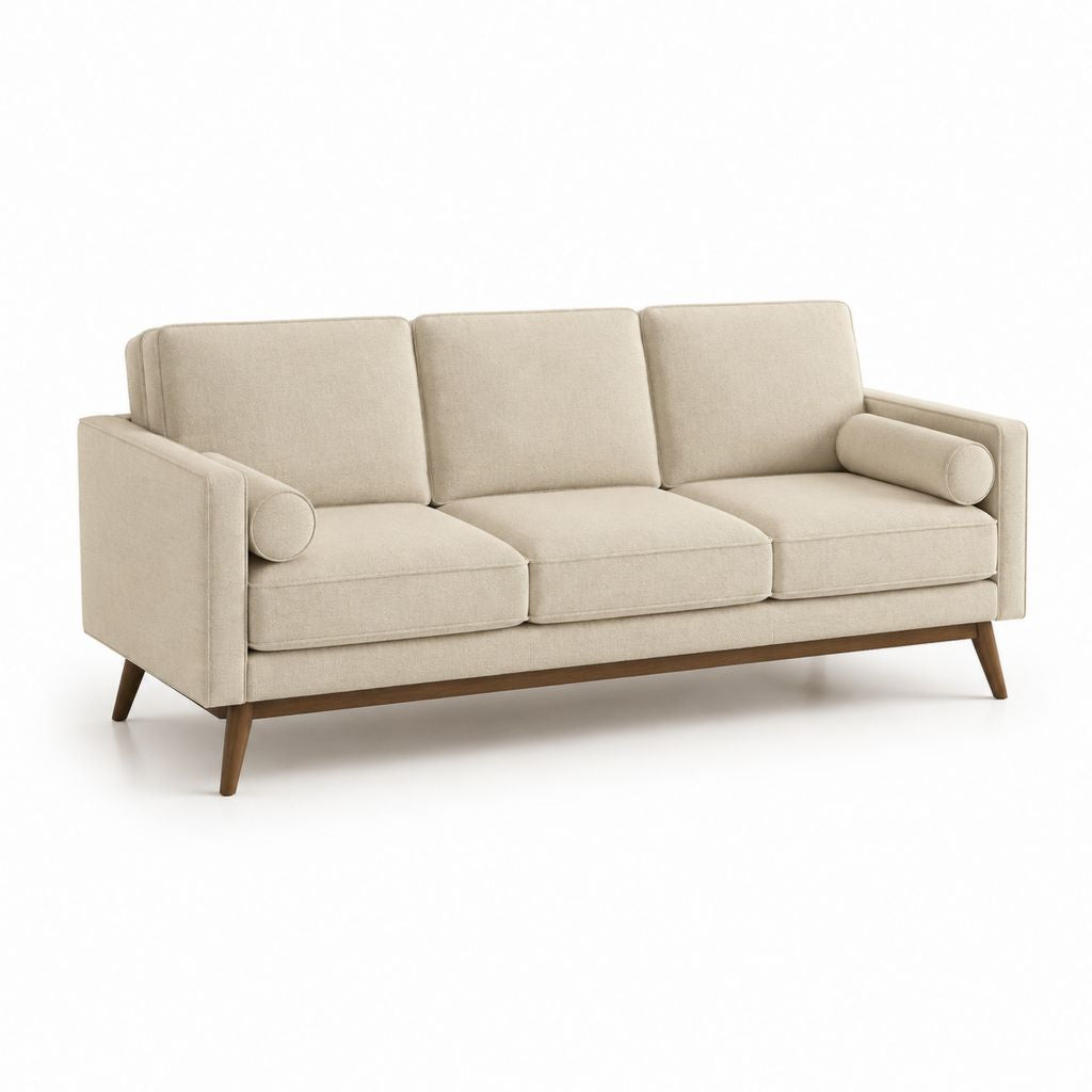 Divano 3 posti rettangolare beige in poliestere con gambe in legno massello 210 x 85 x 82 cm