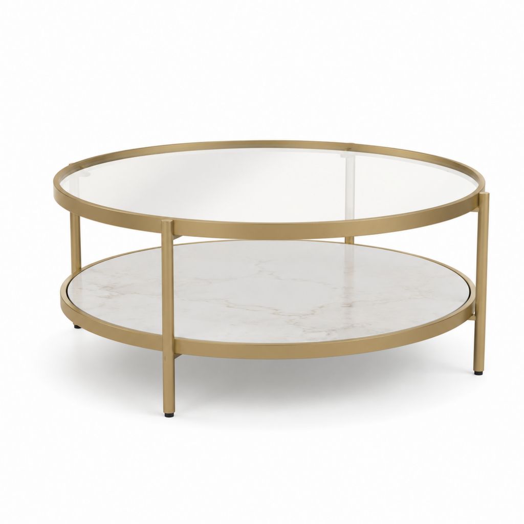 Tavolino da caffè rotondo oro in acciaio e vetro temperato con ripiano effetto marmo Ø80 x 45 cm