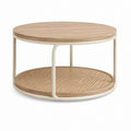 Tavolino da caffè rotondo beige e rovere in MDF acciaio e rattan Ø80 x H45 cm