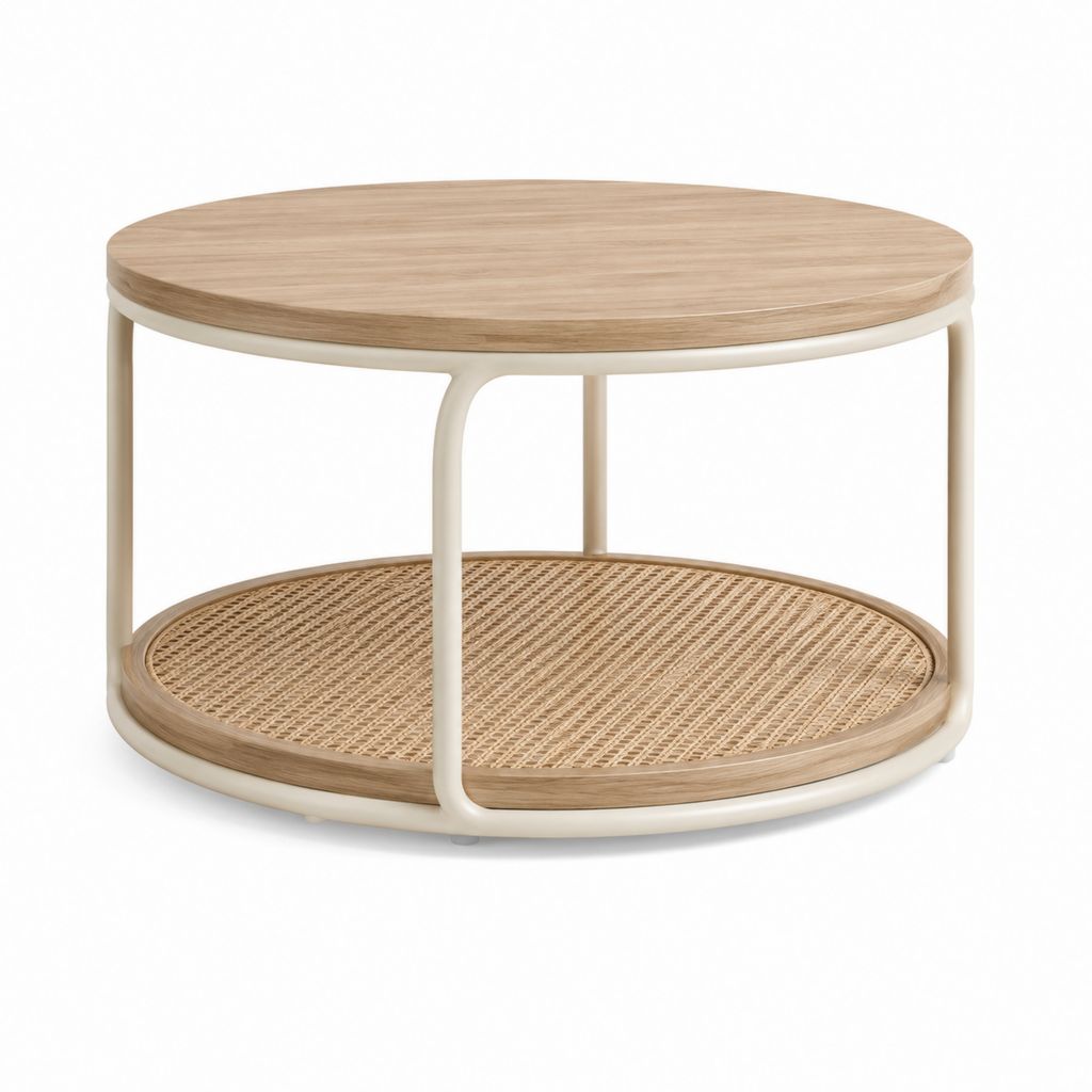 Tavolino da caffè rotondo beige e rovere in MDF acciaio e rattan Ø80 x H45 cm