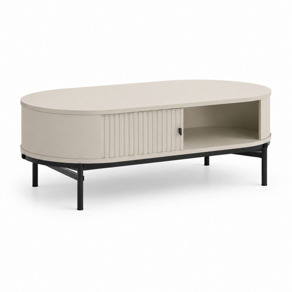 Tavolino da caffè ovale beige in pannello MDF e acciaio con vano contenitore 120 x 60 x 45 cm