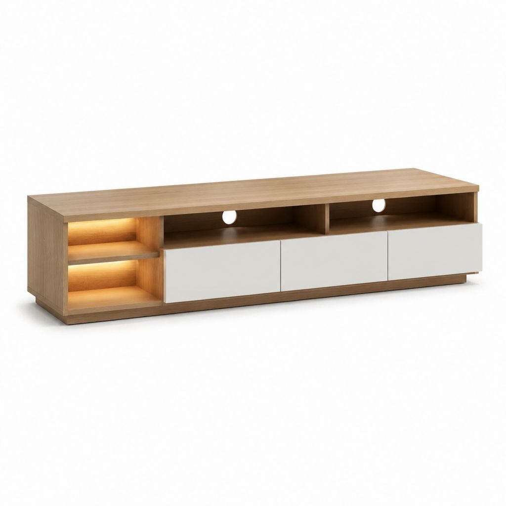 Mobile TV basso rovere chiaro e bianco in pannello truciolare 180 x 40 x 50 cm con ante illuminazione LED e passacavi