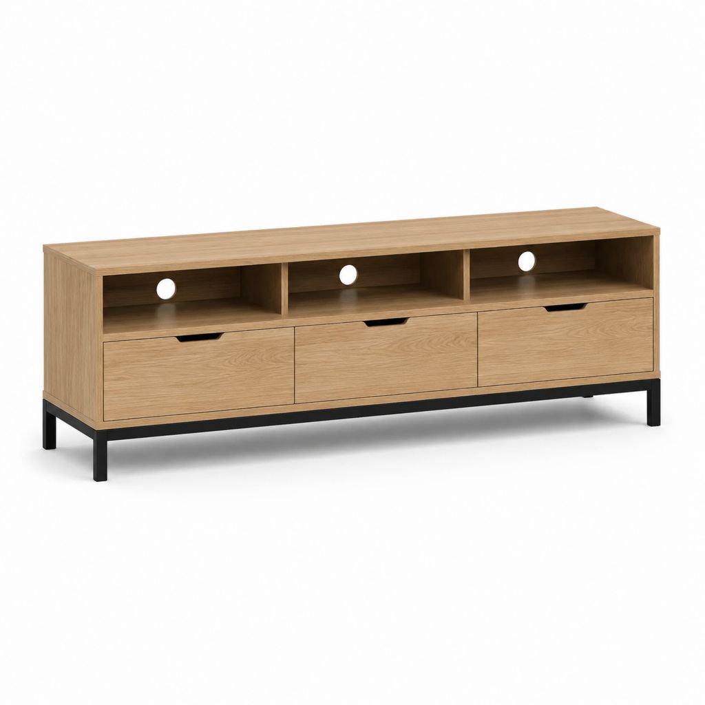 Mobile TV rettangolare rovere naturale e nero in truciolare 160 x 40 x 60 cm con 3 cassetti e passacavi