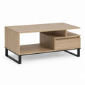 Tavolino da caffè rettangolare rovere chiaro in pannello truciolare e acciaio 100 x 60 x 45 cm con cassetto e vano aperto