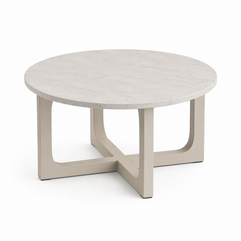 Tavolino da caffè rotondo bianco effetto marmo con base in acciaio beige 100 x 100 x 45 cm