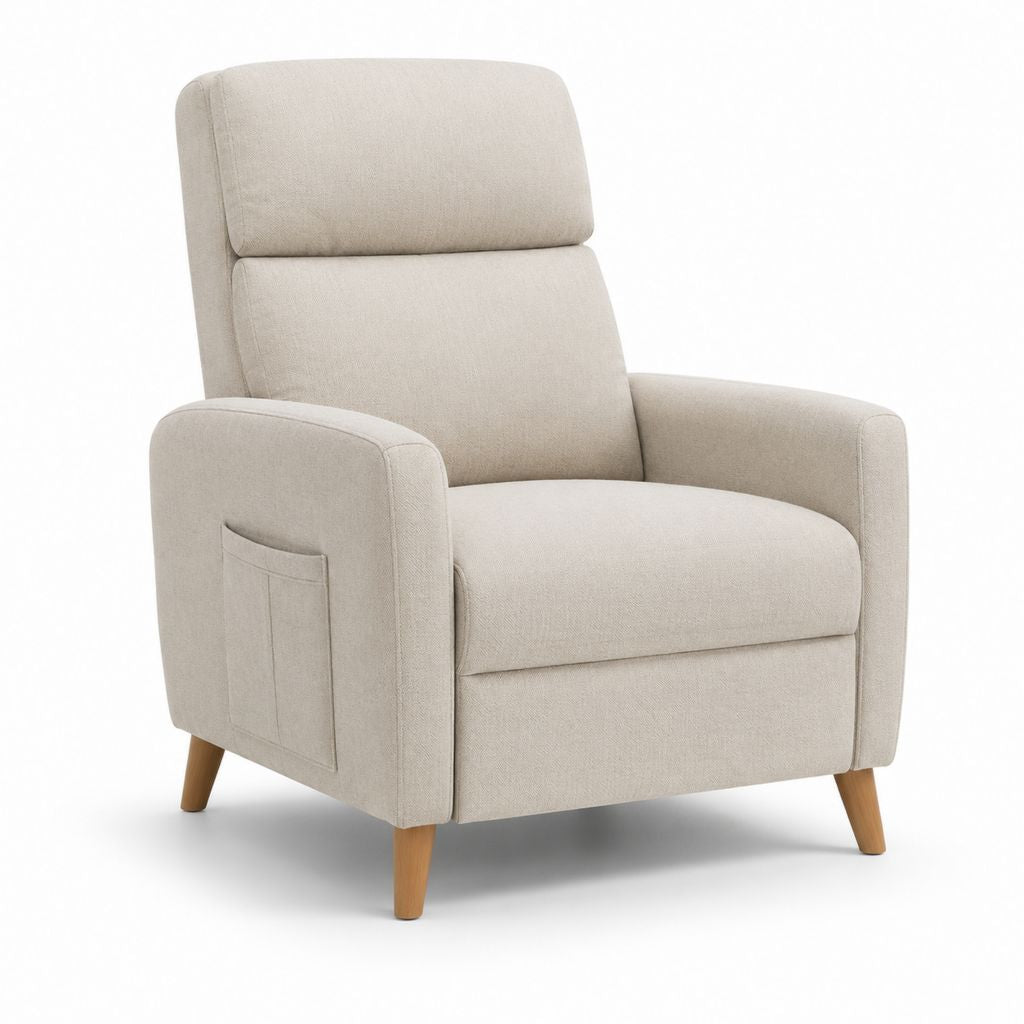Poltrona reclinabile manuale beige in poliestere con tasca laterale 88 x 92 x 103 cm