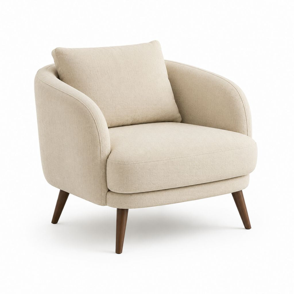 Poltrona imbottita beige in poliestere con gambe in legno massello 78 x 78 x 82 cm