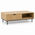 Tavolino da caffè rettangolare rovere e acciaio nero con anta scorrevole 120 x 60 x 45 cm