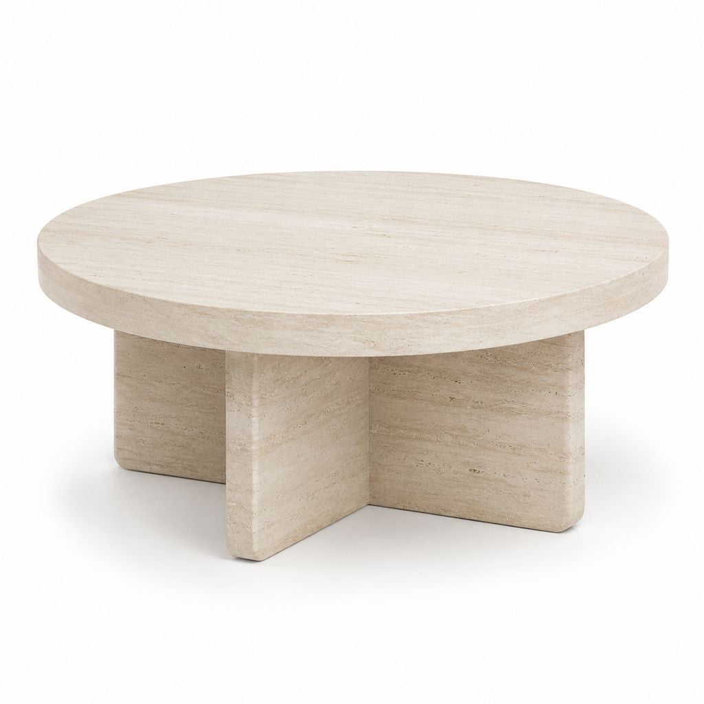 Tavolino da caffè rotondo beige in travertino naturale 90 x 90 x 35 cm